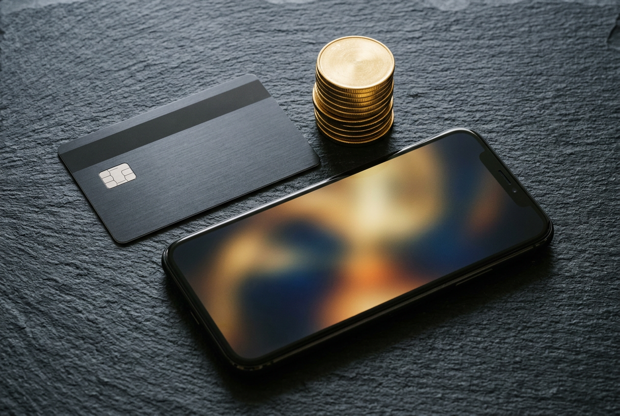 Štýlový flat lay s neoznačenou platobnou kartou, zlatými mincami a smartfónom na tmavom textúrovanom povrchu.