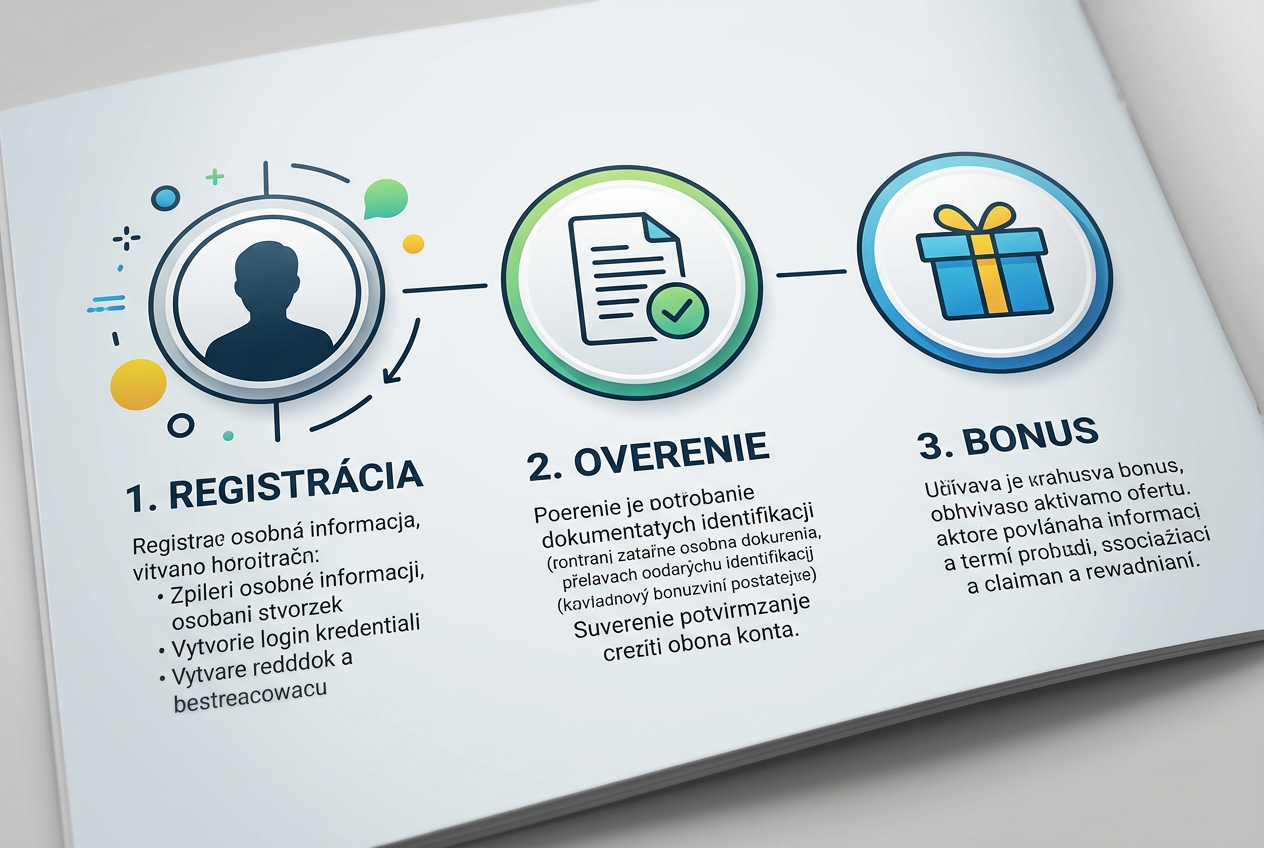 Infografika s tromi krokmi k získaniu bonusu: registrácia, overenie a aktivácia bonusu